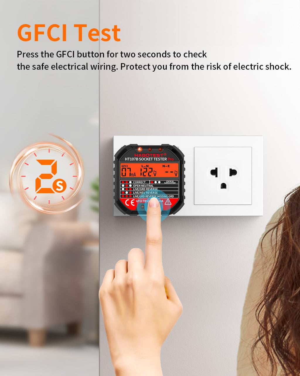 Outlet Tester Electrical GFCI Receptacle Detector with LCD Display, 90-250V Socket Tester, Circuit Polarity Voltage Detector, Plug Tester Breaker Finder with 6 Visual Indication CAT II 300V (CA Plug)