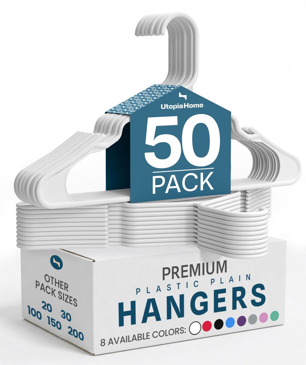 Utopia Home Plastic Hangers, 50 Pack, Clothes Hangers with Shoulder Grooves, Durable Space Saving Coat Hanger for Shirts, Pants, Skirts, Jackets, Blouses, Dresses and Everyday Wardrobe Use (White)