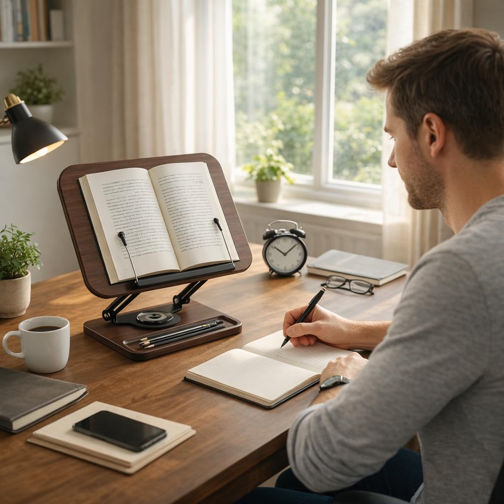 Wooden Book Stand for Reading with 360° Rotating Base, Adjustable Book Stand with Page Clips, Cookbook Stand for Kitchen Counter, Book Holder for Desk, Textbook, Tablet & Recipe Books