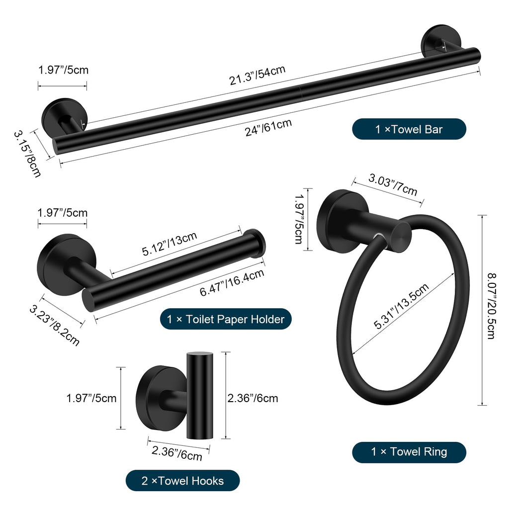Ntipox Matte Black Bathroom Hardware Set 5 Piece, Stainless Steel Towel Bar Set 24 Inch,Toilet Paper Holder,Towel Ring Holder,Towel Rack Set,Black Bathroom Accessories Kit
