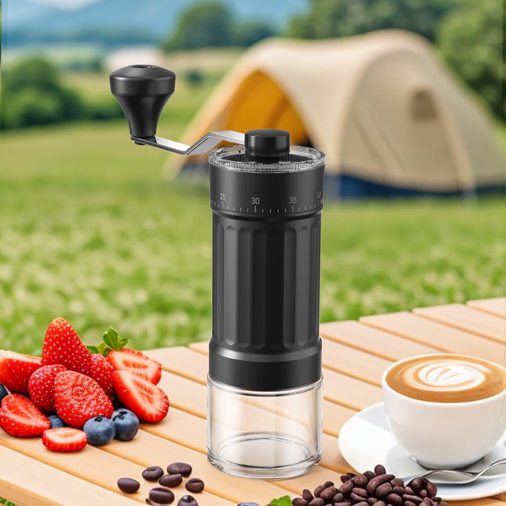KharWette Portable Manual Coffee Grinder Conical Burr for Espresso French Press Pour Over Double Bearing Externally Adjustable Ceramic Burrs Capacity 25g