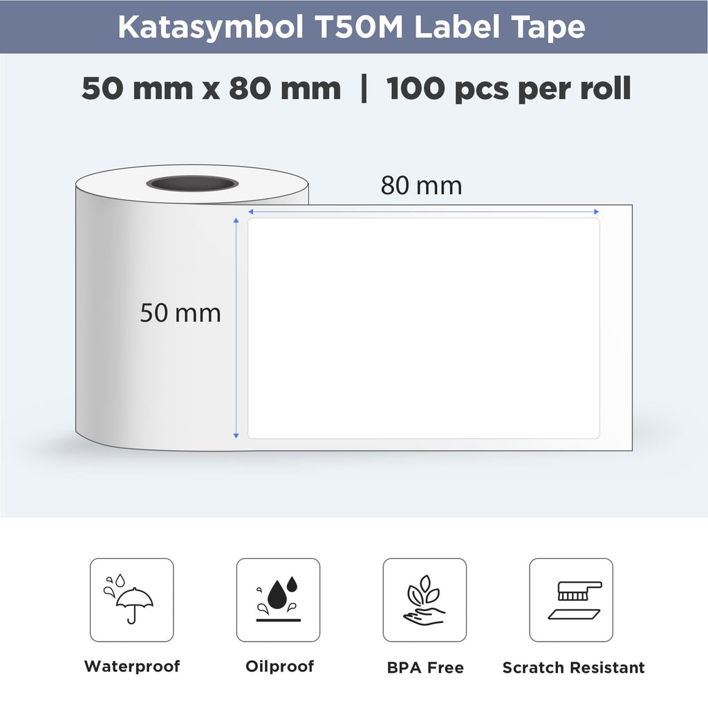 SUPVAN T50M Series Label Maker Tape, 4 Rolls 50mm x 80mm 100 Labels/Roll Genuine Laminated Thermal Label Tape Refill, Waterproof Oilproof Highly Adhesive Auto Detect Labels, Black on White