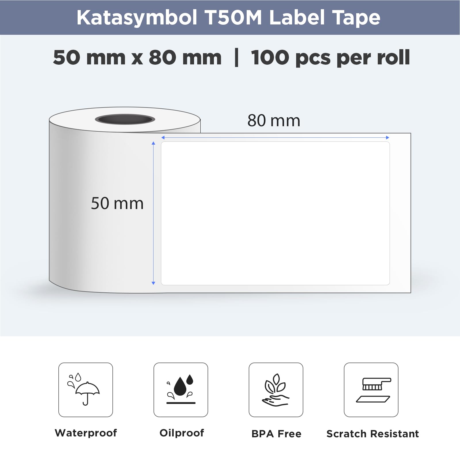 SUPVAN T50M Series Label Maker Tape, 4 Rolls 50mm x 80mm 100 Labels/Roll Genuine Laminated Thermal Label Tape Refill, Waterproof Oilproof Highly Adhesive Auto Detect Labels, Black on White