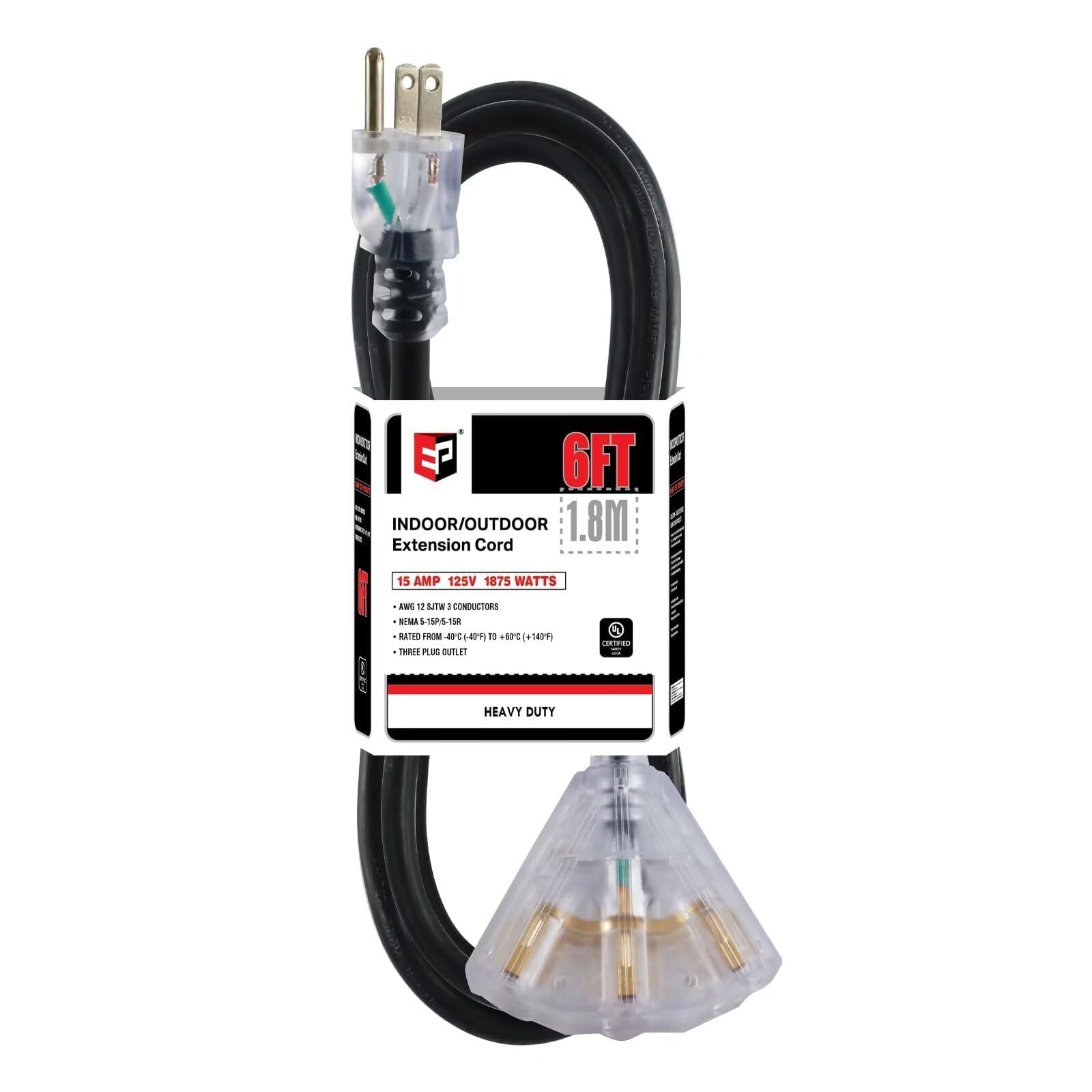 EP 6 Ft 12 Gauge Heavy Duty Extension Cord, 15A 125V 1875W, 3 Outlet Indoor/Outdoor Power Cord with Lighted End, 12/3 SJTW Weatherproof Black, UL Listed