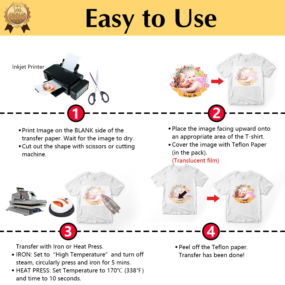 TransOurDream Upgraded Iron on Heat Transfer Paper for T Shirts (20 Sheets, 8.5x11") Iron-on Transfers Paper for Light Fabric Printable Heat Transfer Vinyl for Inkjet Printer (CA-2-20)