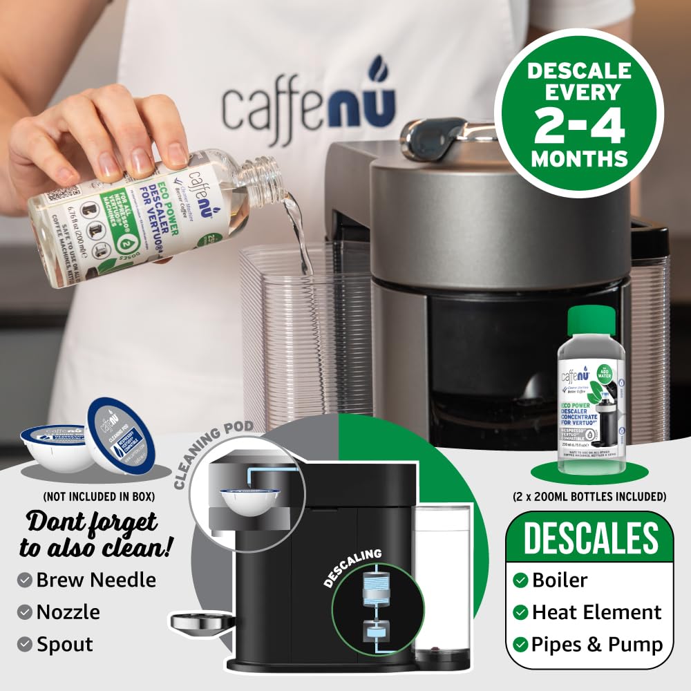 Nespresso Compatible Descaling Kit. 2 Bottles of Vertuo Descaler Solution. Removes Limescale For Hotter Coffee. 4 Uses Descaler For Nespresso Vertuo Coffee Machines.