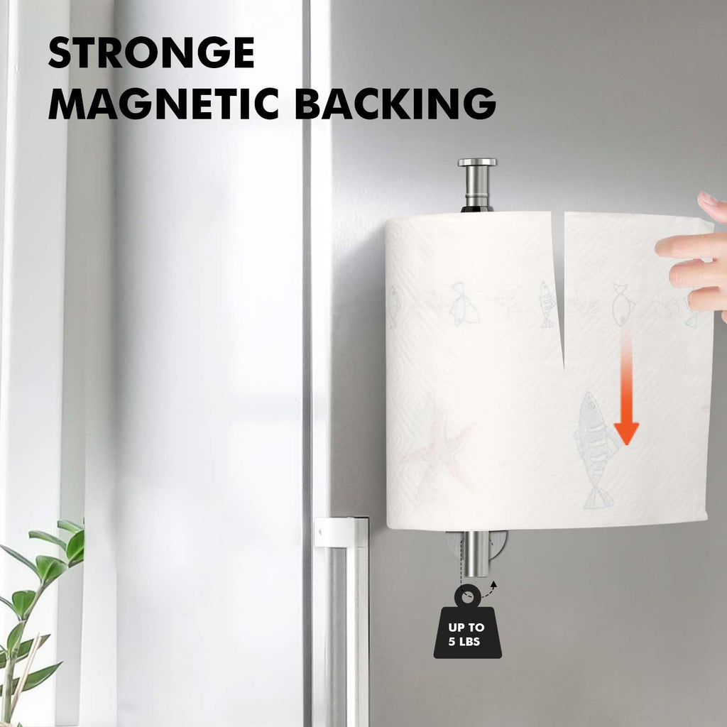 KIHOGEM Magnetic Paper Towel Holder, One Hand Operable Paper Towel Holder Wall Mount with Strong Magnetic Backing and Self-Adhesive for Kitchen Refrigerator RVs Grill Garage（Silver）