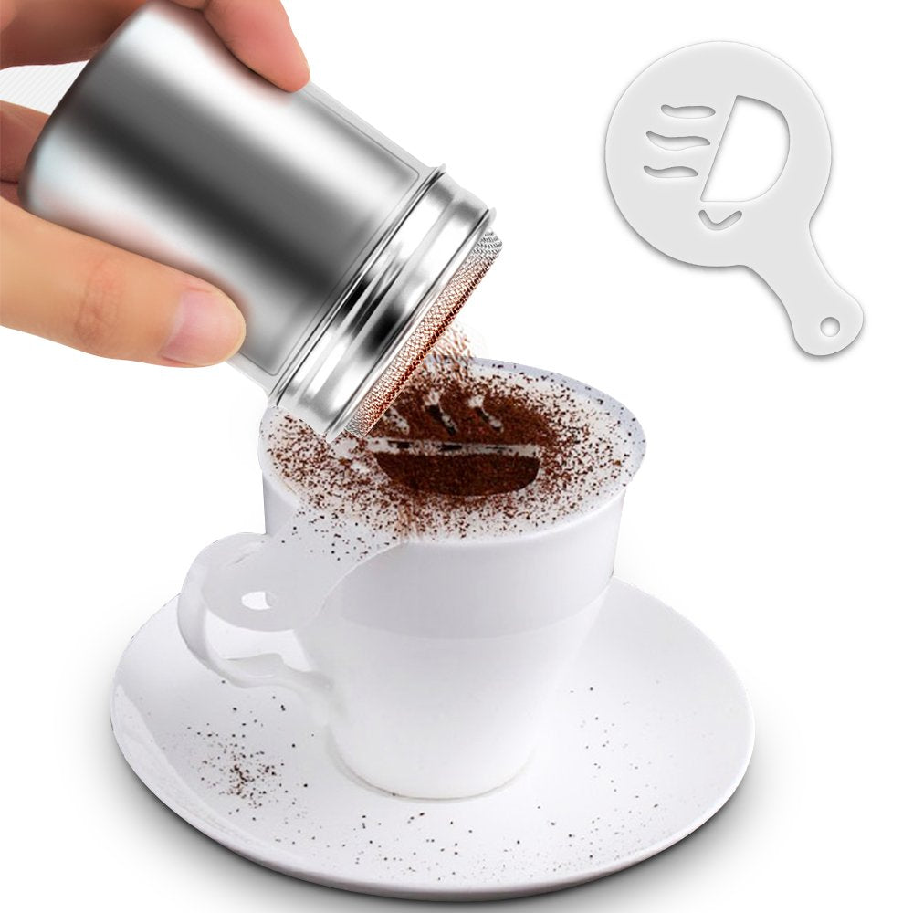 3 Pack Stainless Steel Powder Shaker, Coffee Cocoa Dredges with Fine-Mesh Lid, AIFUDA Power Can for Cooking Home Restaurant with 16 Pcs Printing Molds Stencils
