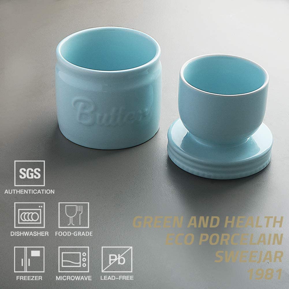 SWEEJAR Porcelain Butter Crock with Lid, Ceramic Butter Container for Soft Butter, French Butter Dish with Water Line Storage for Countertop (Turquoise)