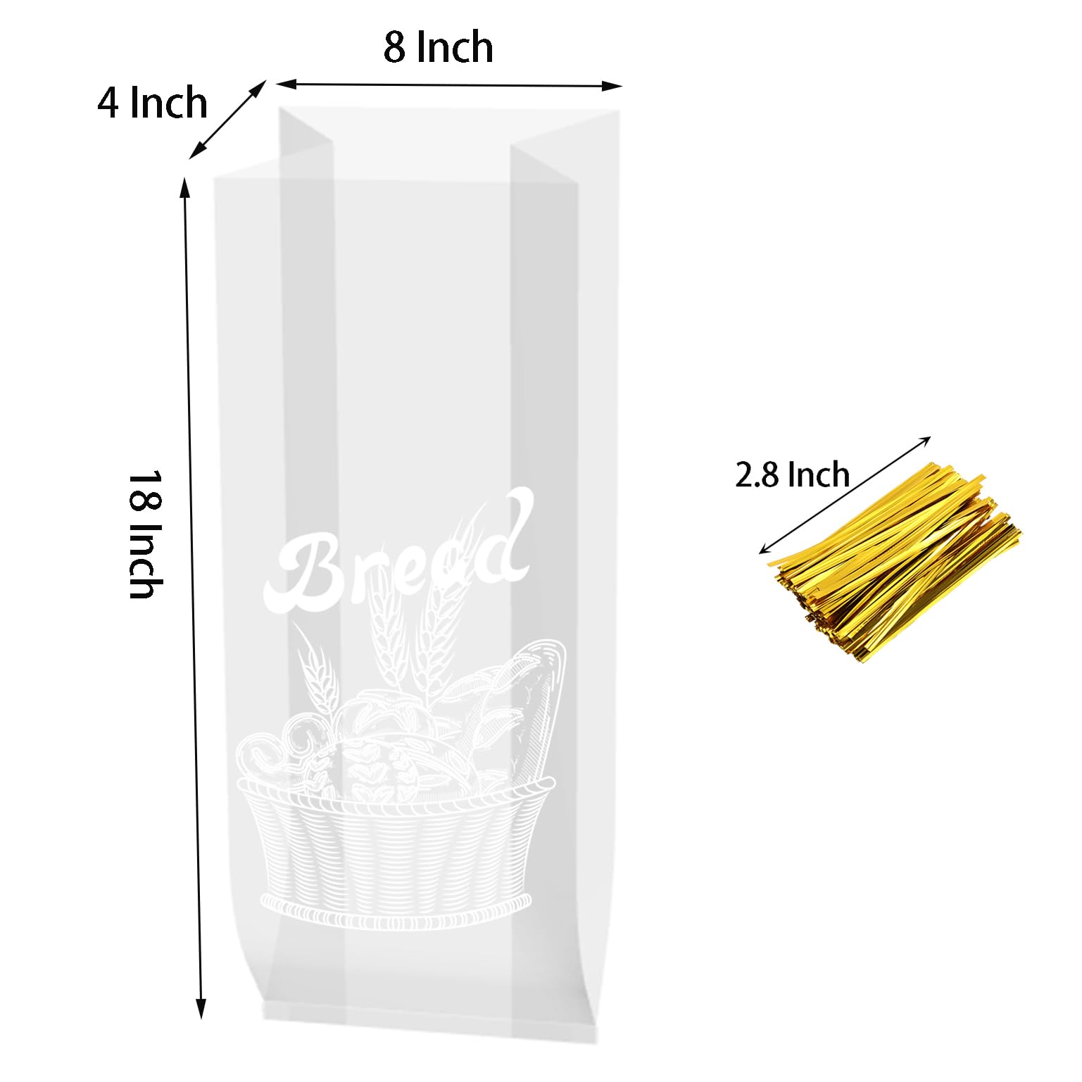 Nicunom 200 Pack Reusable Plastic Bread Bags, Gold Ties, 8” x 4” x 18”, Clear, Sturdy, BPA Free, Perfect for Bread, Bakery, Home Bakers, and Food Service Industries