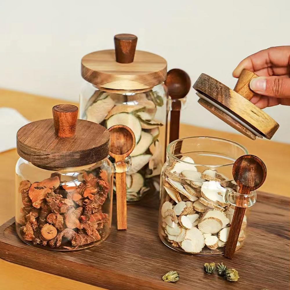 Piscepio Glass Jars with Wooden Lids and Spoons set of 3, Clear Glass Coffee Containers with Scoop Decorative Kitchen Food Storage Jars for Coffee Beans,Tea,Nut,Candy, Sugar,Bath Salts(17OZ/22OZ/27OZ)