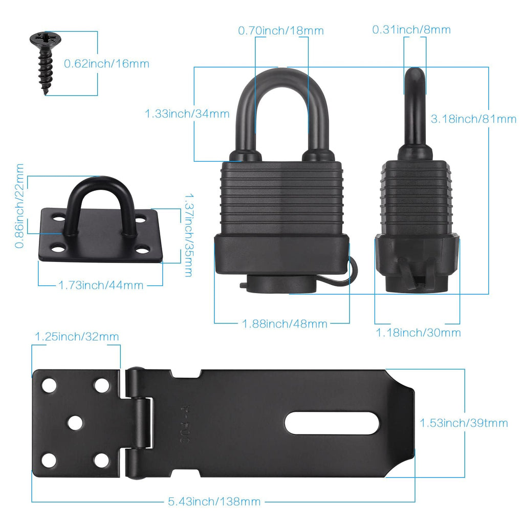 Door Latch Hasp with Door Padlock and Screw, Stainless Steel Door Lock with Key, Heavy Duty Hasp and Staple, Gate Lock, Waterproof Shed Lock, Latch Lock for Bedroom Door Patio Door Garden Gate (Black)
