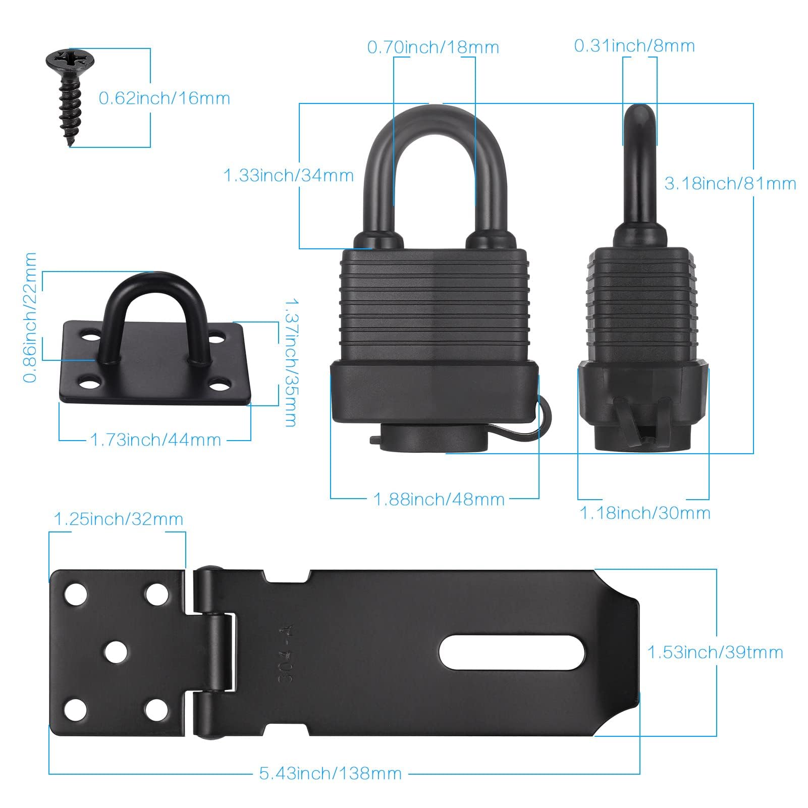 Door Latch Hasp with Door Padlock and Screw, Stainless Steel Door Lock with Key, Heavy Duty Hasp and Staple, Gate Lock, Waterproof Shed Lock, Latch Lock for Bedroom Door Patio Door Garden Gate (Black)