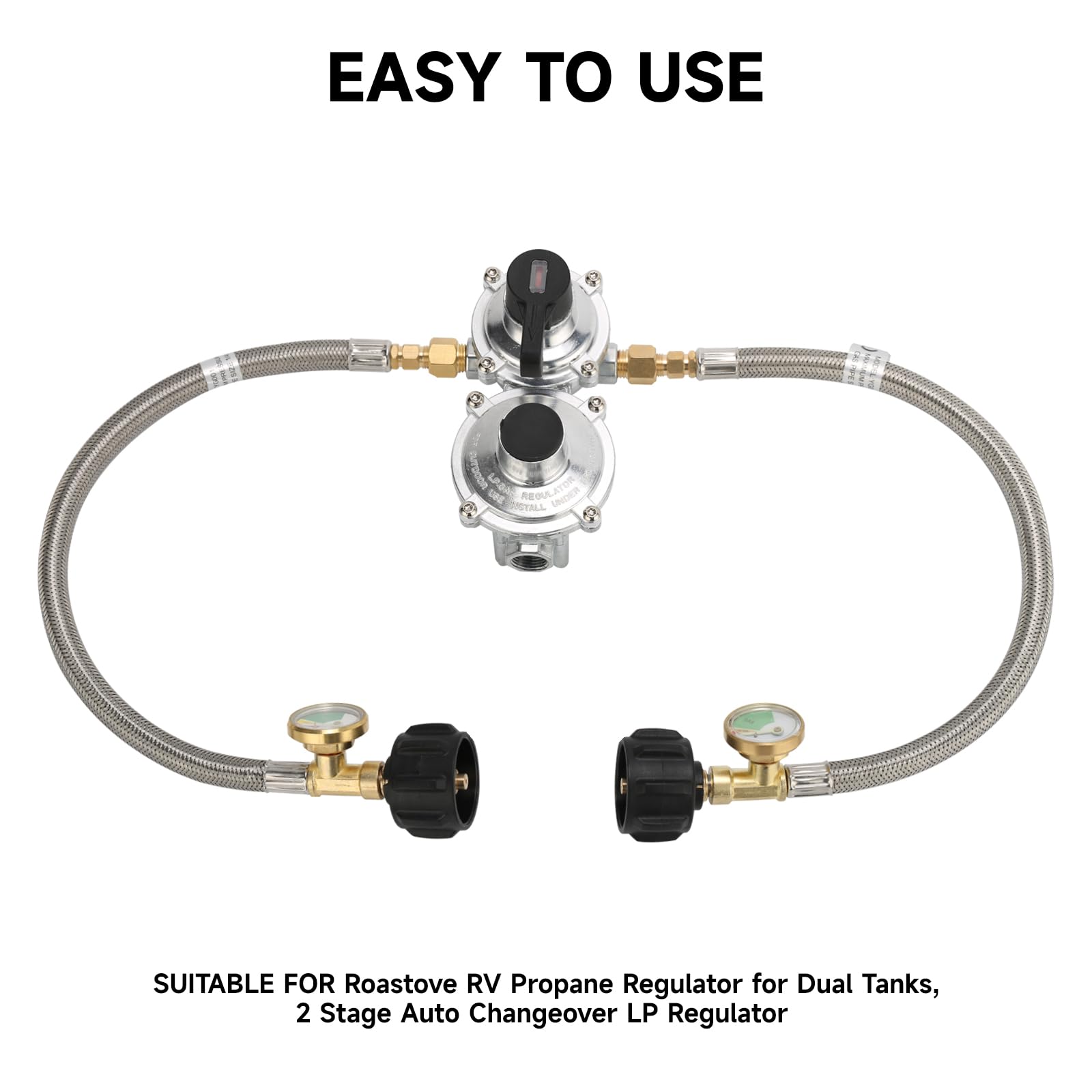 Roastove 15 Inch Stainless Braided RV Propane Pigtail Hose with 1/4 Inch Male Inverted Flare Fitting,for Standard Two-Stage Regulator, 2PACKS,with Gauge
