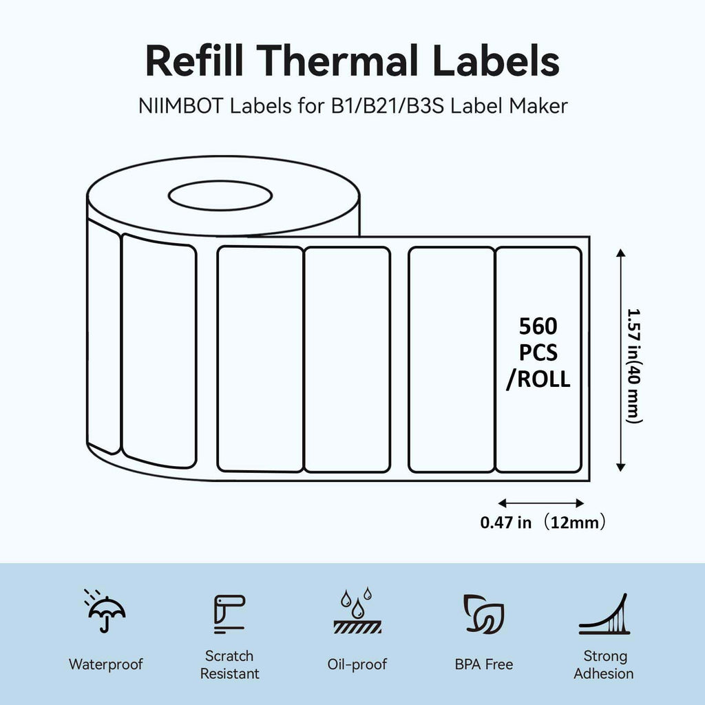 NIIMBOT Labels for B1/B21/B3S/K3 Label Maker, (3 Rolls, 1.57'' x 0.47'' / 40x12mm) Thermal Sticker Label, Waterproof, Oil-Proof and Tear-Proof, Self-Adhesive Thermal Labels (White)