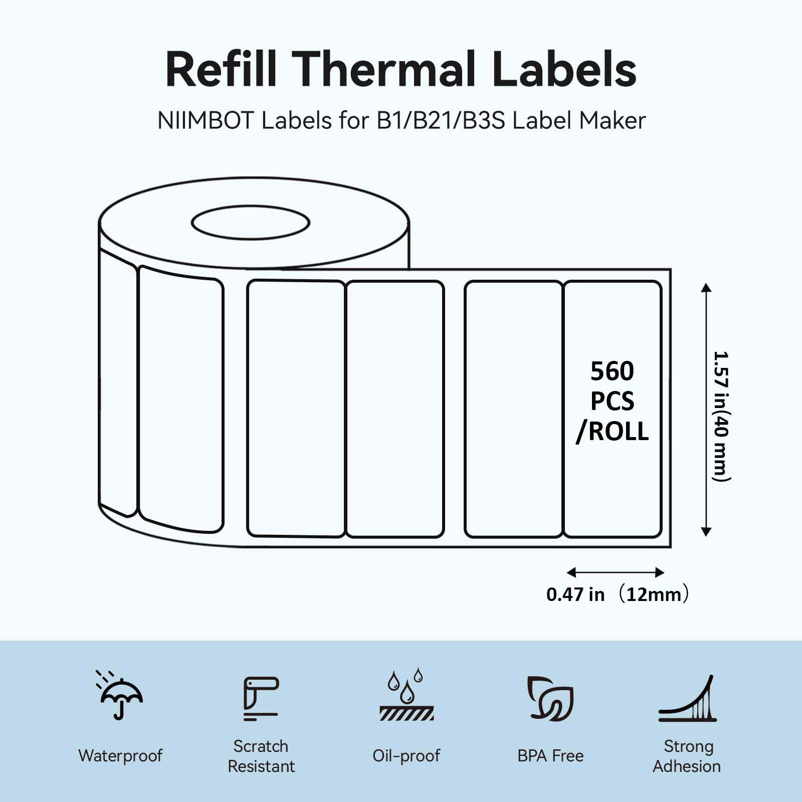 NIIMBOT Labels for B1/B21/B3S/K3 Label Maker, (3 Rolls, 1.57'' x 0.47'' / 40x12mm) Thermal Sticker Label, Waterproof, Oil-Proof and Tear-Proof, Self-Adhesive Thermal Labels (White)