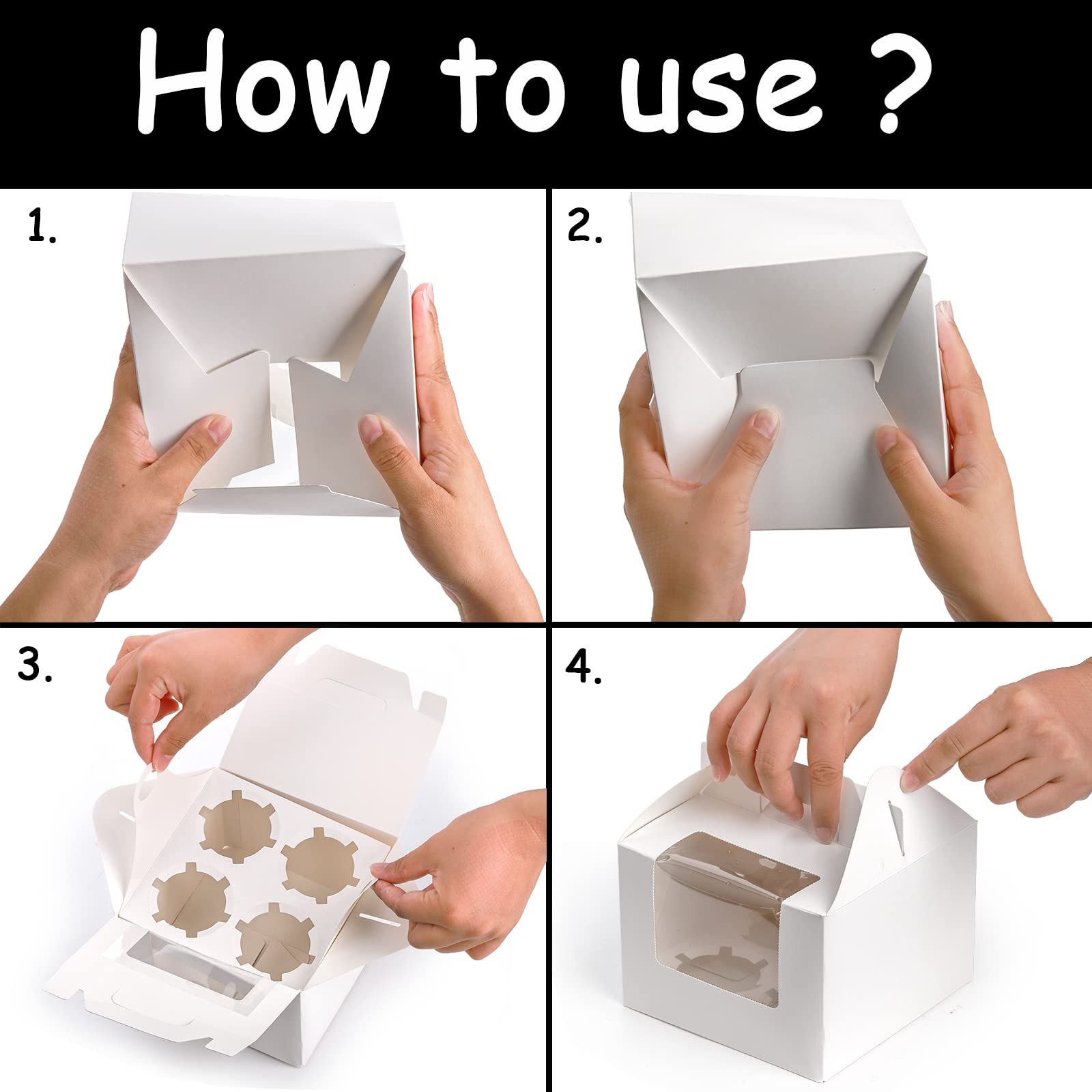 Jucoan 40 Pack Cupcake Containers, 4 Count White Kraft Paper Cupcake Boxes with Insert Window and Handle, Cupcake Holder Bakery Pastry Boxes, Gable Party Favor Treat Boxes for Wedding Birthday Party
