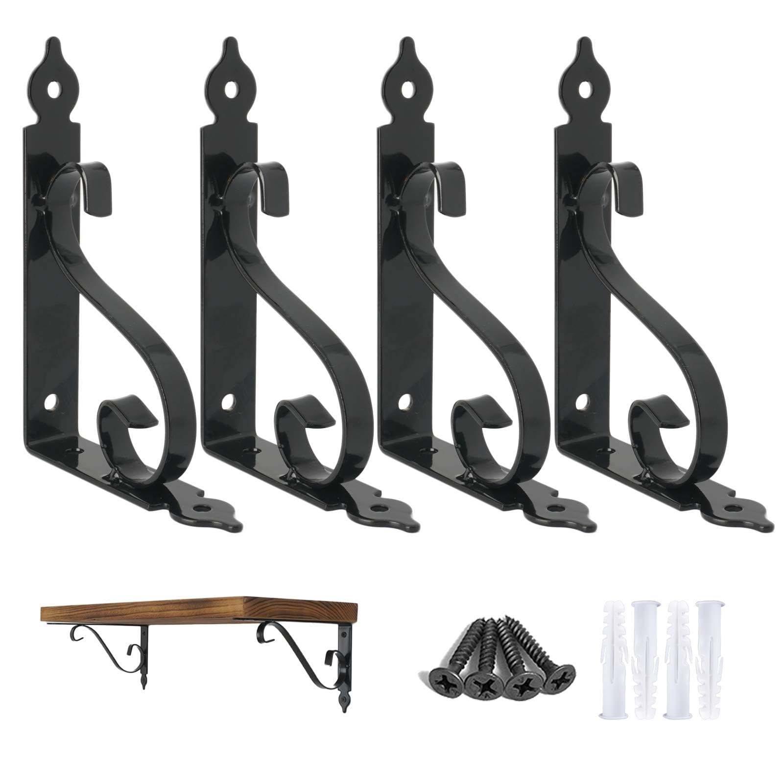 OVOV 4 Pack Decorative Shelf Brackets 6 inch Black L Brackets for Shelves Wall Mounted Heavy Duty Metal Corner Brace Shelving Support with Screws