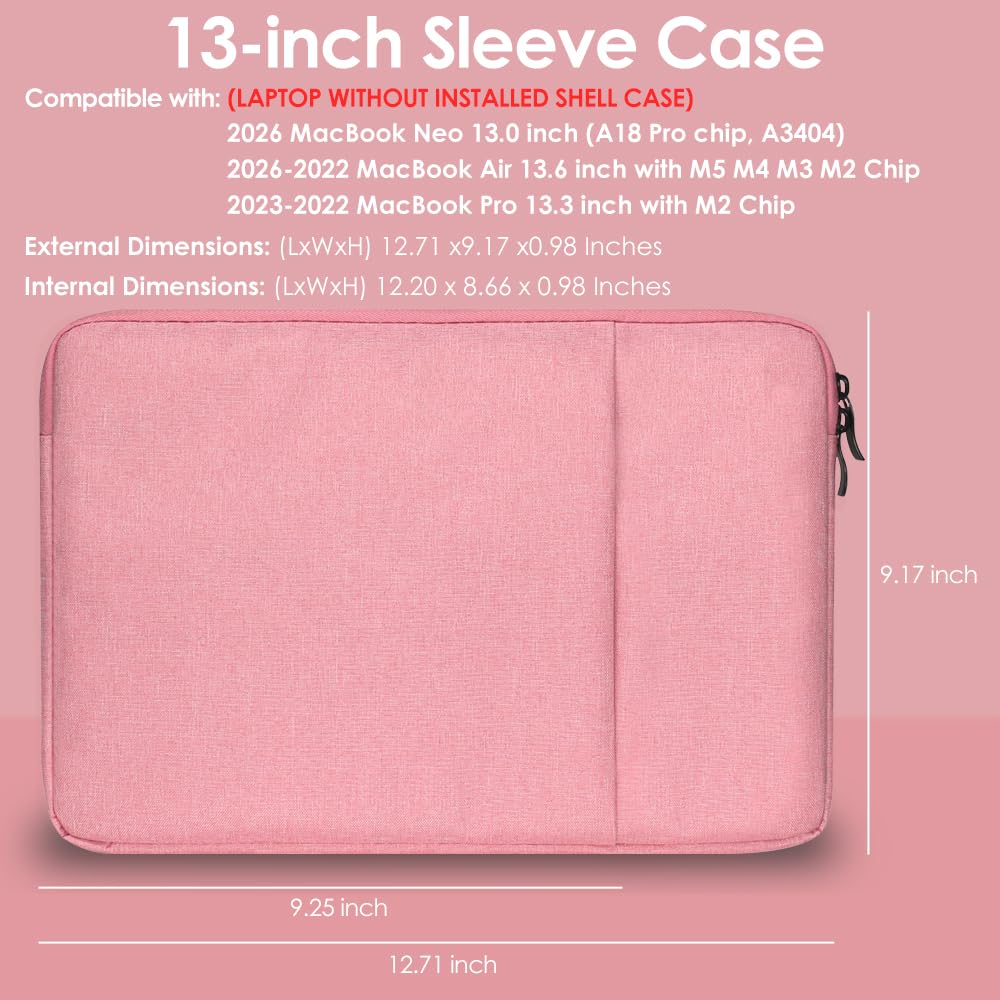 ProElife 13-Inch Laptop Sleeve Case for 2026 New MacBook Neo 13 inch with A18 Pro (A3404) Chip Accessory Traveling Carrying Bag Water-Resistant Cover Simple Case with Pocket (Pink)