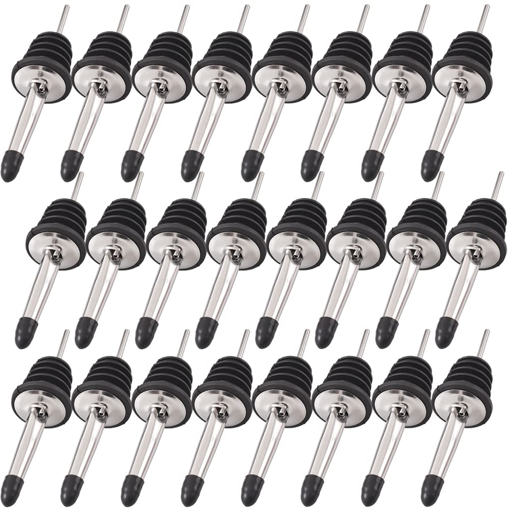 Newk Stainless Steel Pourers - 24 Packs of Classic Bottle Pourers with Conical Spout and Rubber Stoppers, Suitable for Pouring Liqueurs, Vinegar, Syrup or Olive Oils