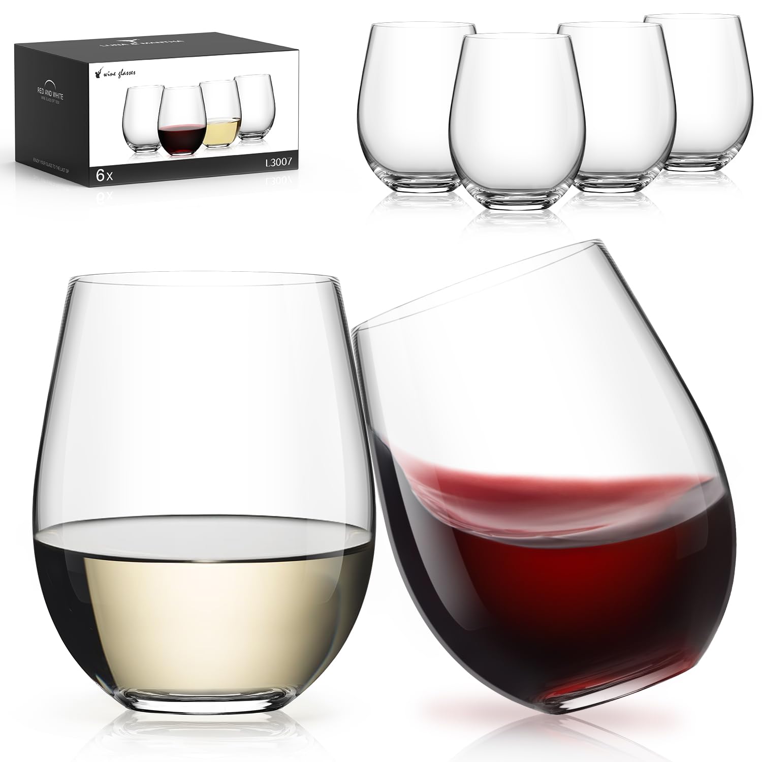 LUNA & MANTHA Stemless Wine Glasses, Crystal Red White Wine Glasses for Daily Use, Hosting, Home Bar, Evening Party, Birthdays, Shower, Housewarming Gift,Clear set of 6,18oz-6