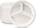 Packpact 9 Inch 3-Compartment Packs of 50pcs 100% Compostable Heavy-Duty Plates Eco-Friendly Disposable Sugarcane Paper Party Plates