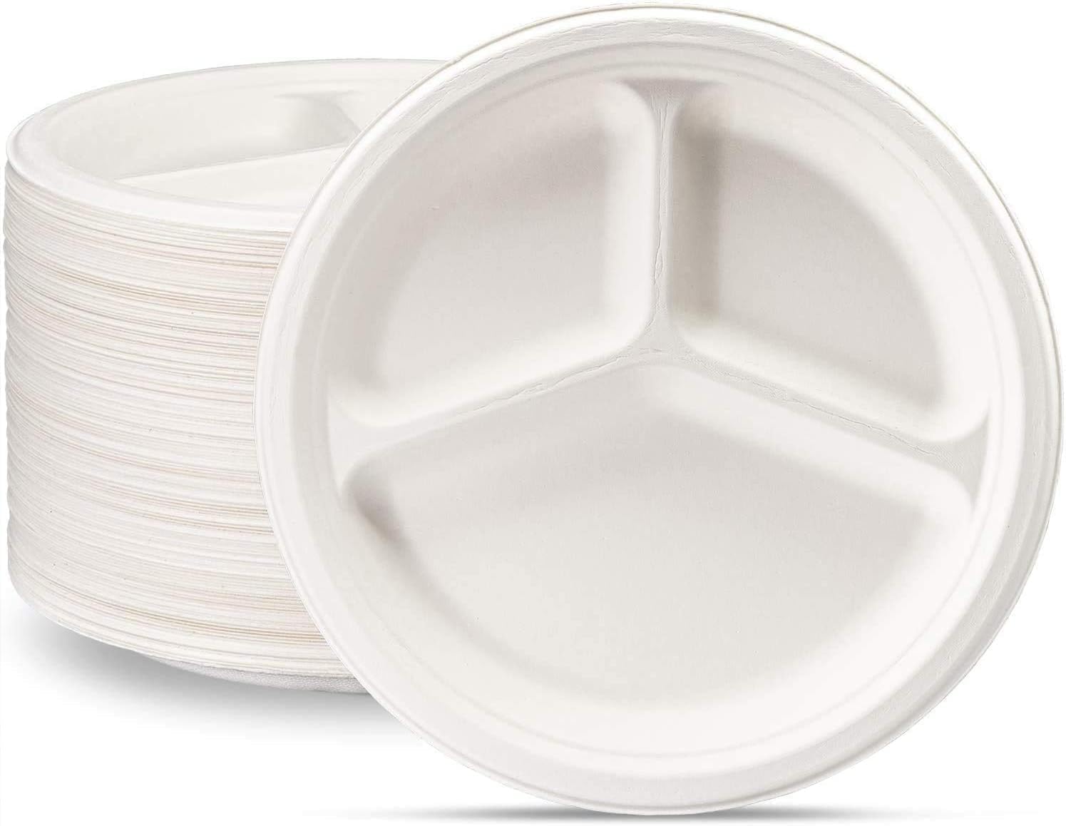 Packpact 9 Inch 3-Compartment Packs of 50pcs 100% Compostable Heavy-Duty Plates Eco-Friendly Disposable Sugarcane Paper Party Plates