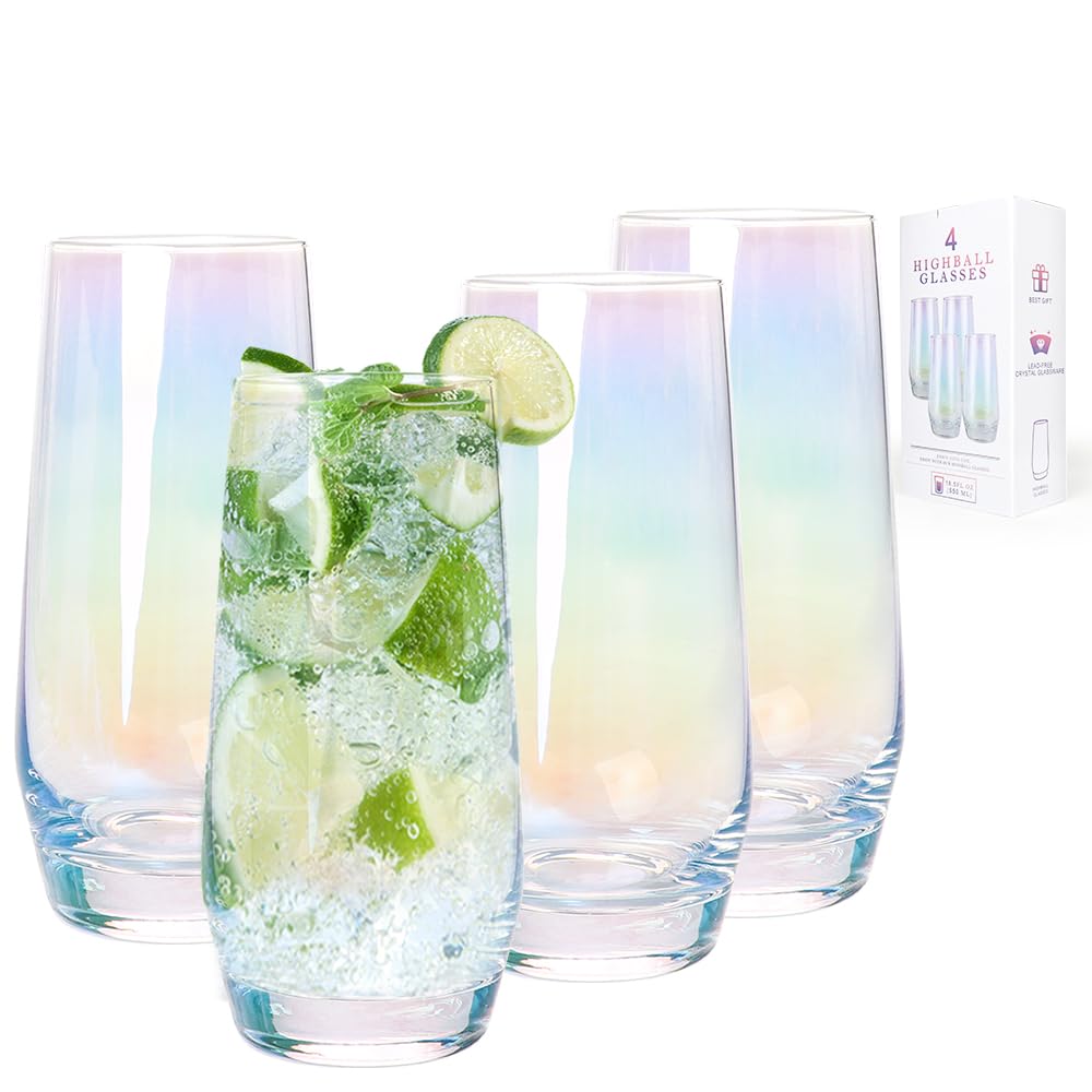 Swetwiny Colorful Highball Glasses, 18.5 Ounce Iridescent Glassware Set of 4 Lead-Free Crystal Glassware Drinking Glasses Set for Mixed Drinks, Water, Juice, Beer, Cocktail