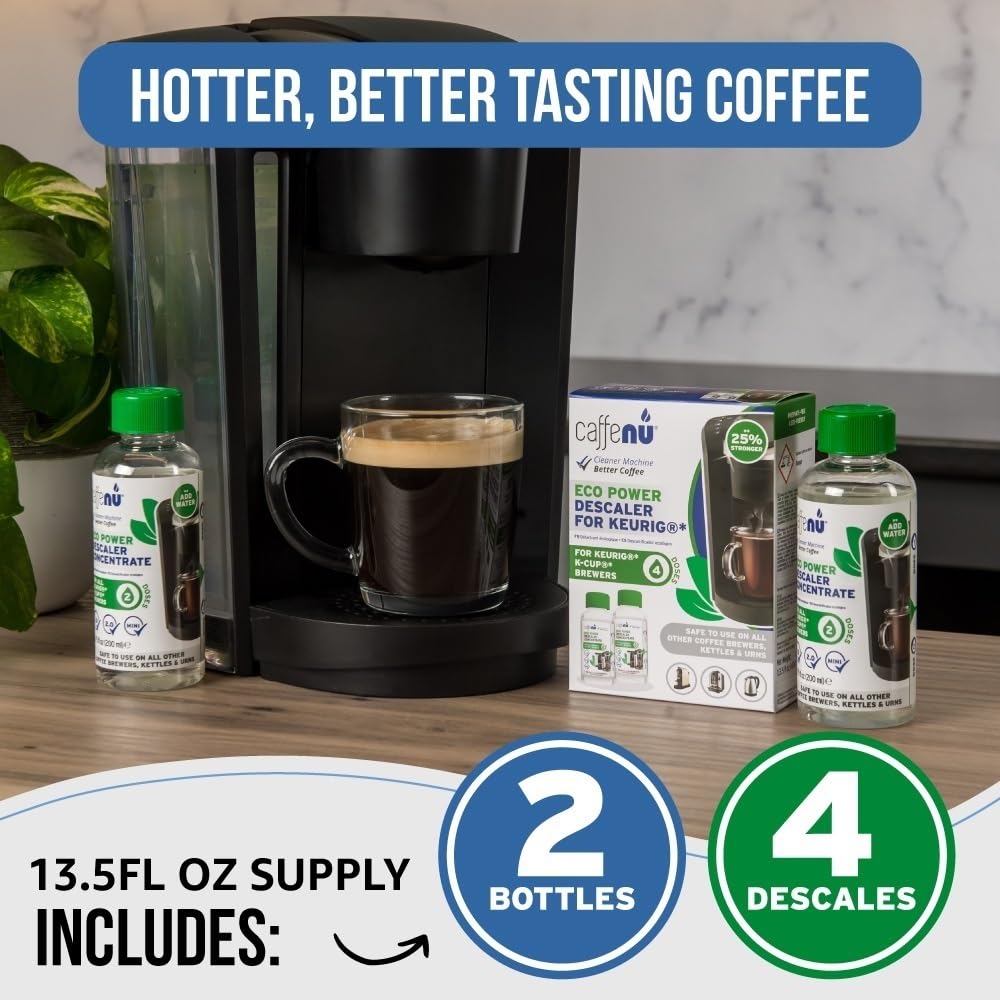 Keurig Compatible Descaling Solution. 2 Bottles of Descaler Solution. Descaling Kit Removes Limescale For Hotter Coffee. 4 Uses Descaler For Keurig Coffee Machines.