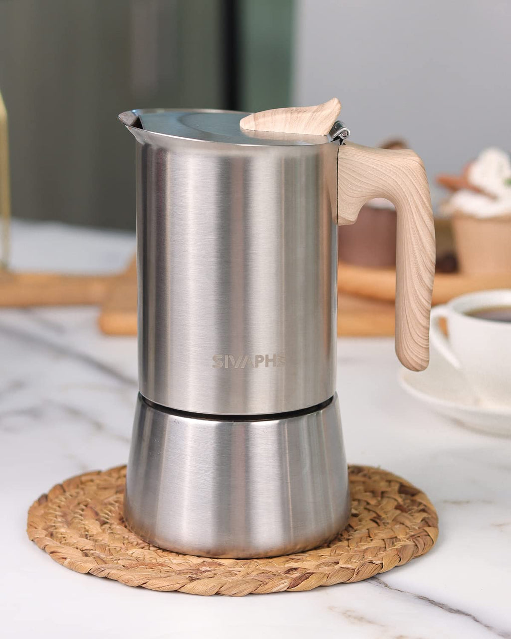 Sivaphe Induction Moka Pot Stainless Steel Stovetop Espresso Pots Strong Coffee Maker 4 Cup /200ml