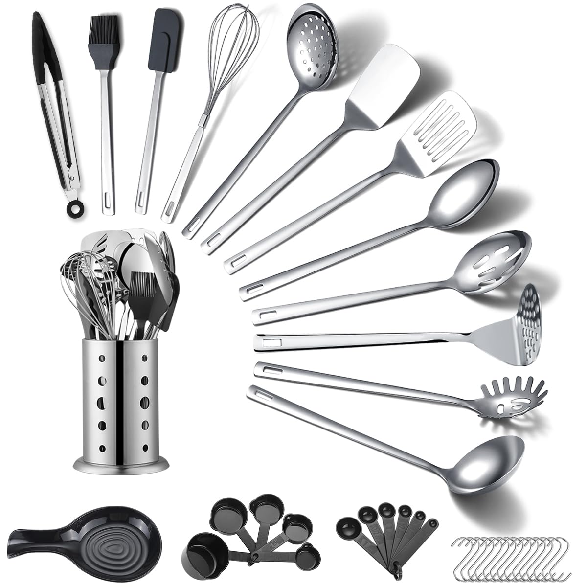 ReaNea Stainless Steel Kitchen Utensils Set 40 Pieces, Cooking Utensil Set with Utensils Holder, Kitchen Gadgets Kitchen Essentials New Home, House, Appartment Must Have, Metal Spatula Set