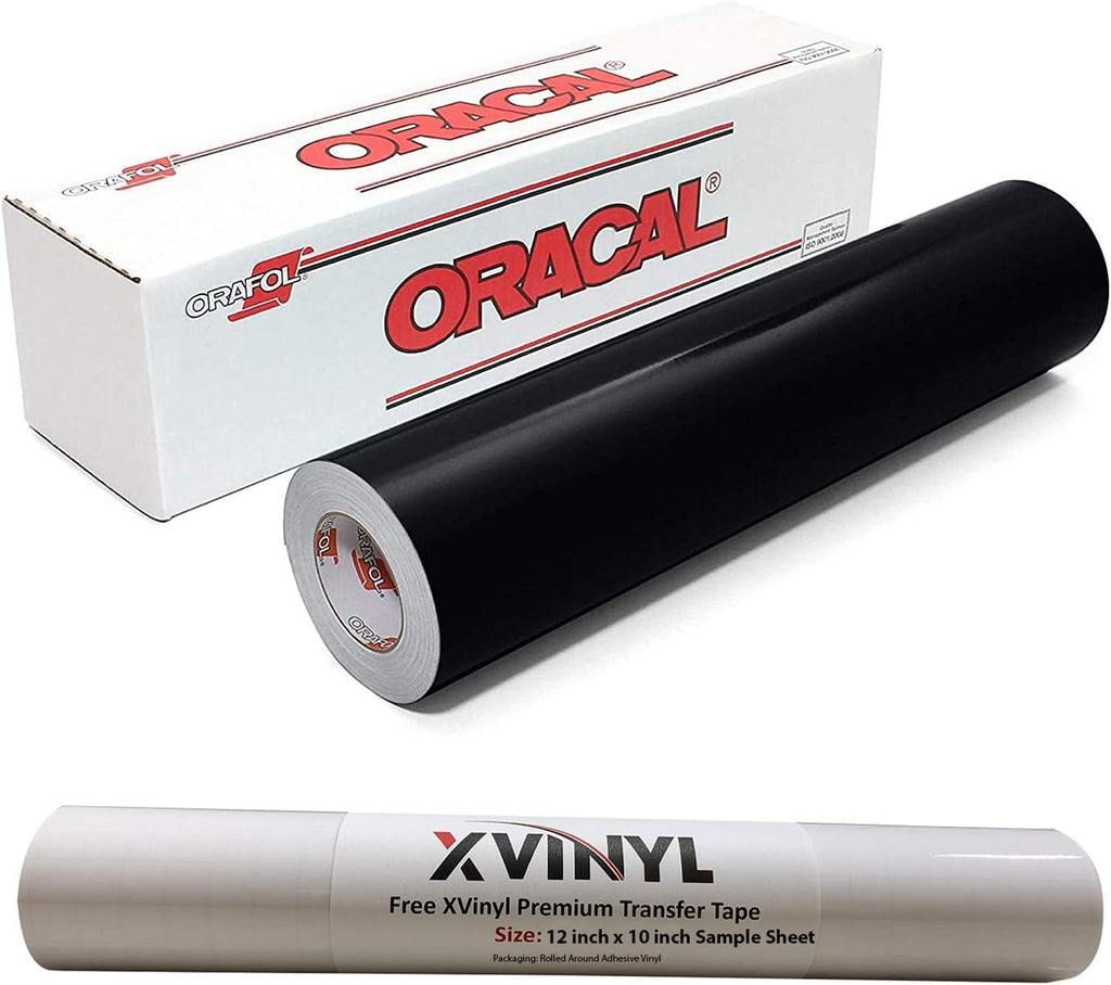 Oracal 651 Gloss Permanent Adhesive Craft Vinyl (12Inch x 10ft Wrapped Around a 1.5" Core) -Bonus MapleLeaf Decal (Gloss, Black)
