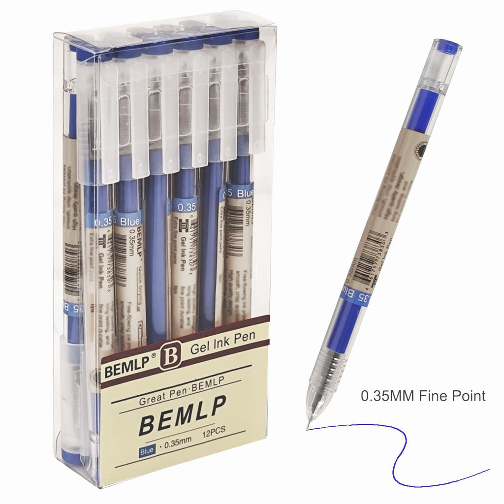 BEMLP Gel Ink Pen Extra fine point 0.35mm Blue Liquid Rollerball Pens Quick Drying Gel Pens School Office student Exam Writing Stationery Supply 12 Pcs/Set (Blue)