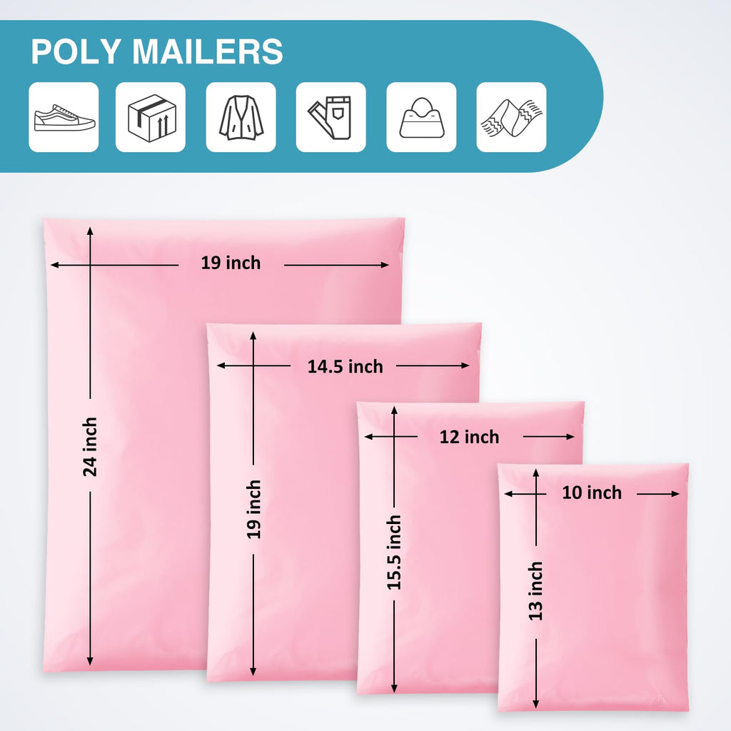 UCGOU 100 Pack Light Pink Poly Mailers Variety Size Pack, 10x13 Inch & 12x15.5 Inch & 14.5x19 Inch &19x24 Inch, 25 PCS Each Shipping Bag, Self-Sealing Adhesive Mailer Assorted Size for Small Business