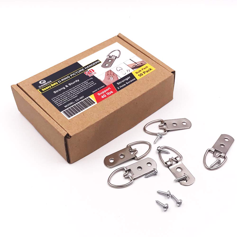 Comdox D Ring Picture Hangers with Screws - 50 Pack Pro Quality Heavy Duty Picture Hooks - 2 Hole, Picture Frame Hardware