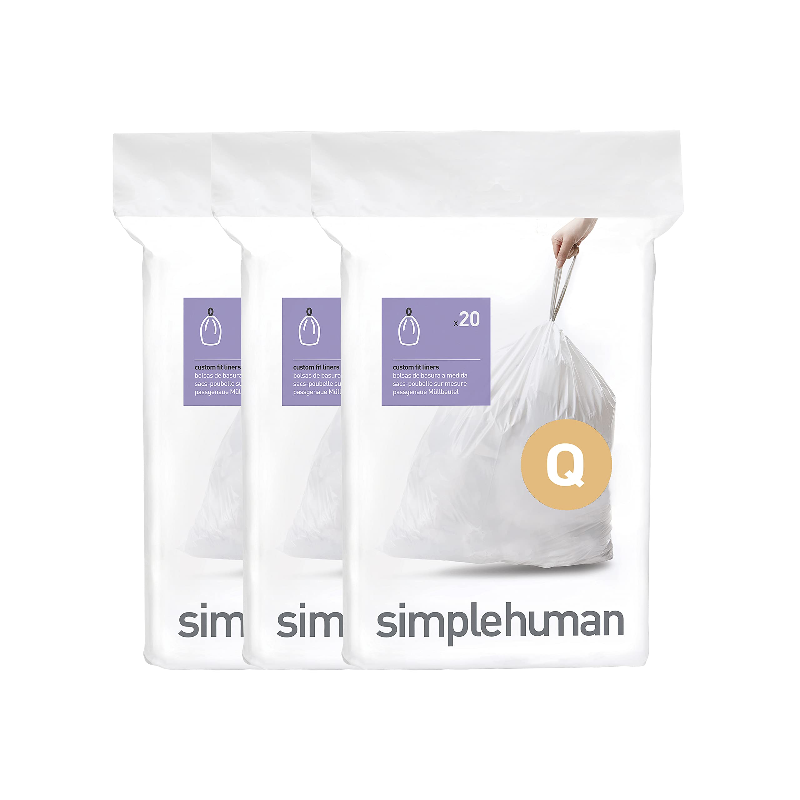 simplehuman Code Q 60 Count, Dispenser Pack Custom Fit Liners, Drawstring Trash Bags, 50-65L / 13-17 Gallons, White