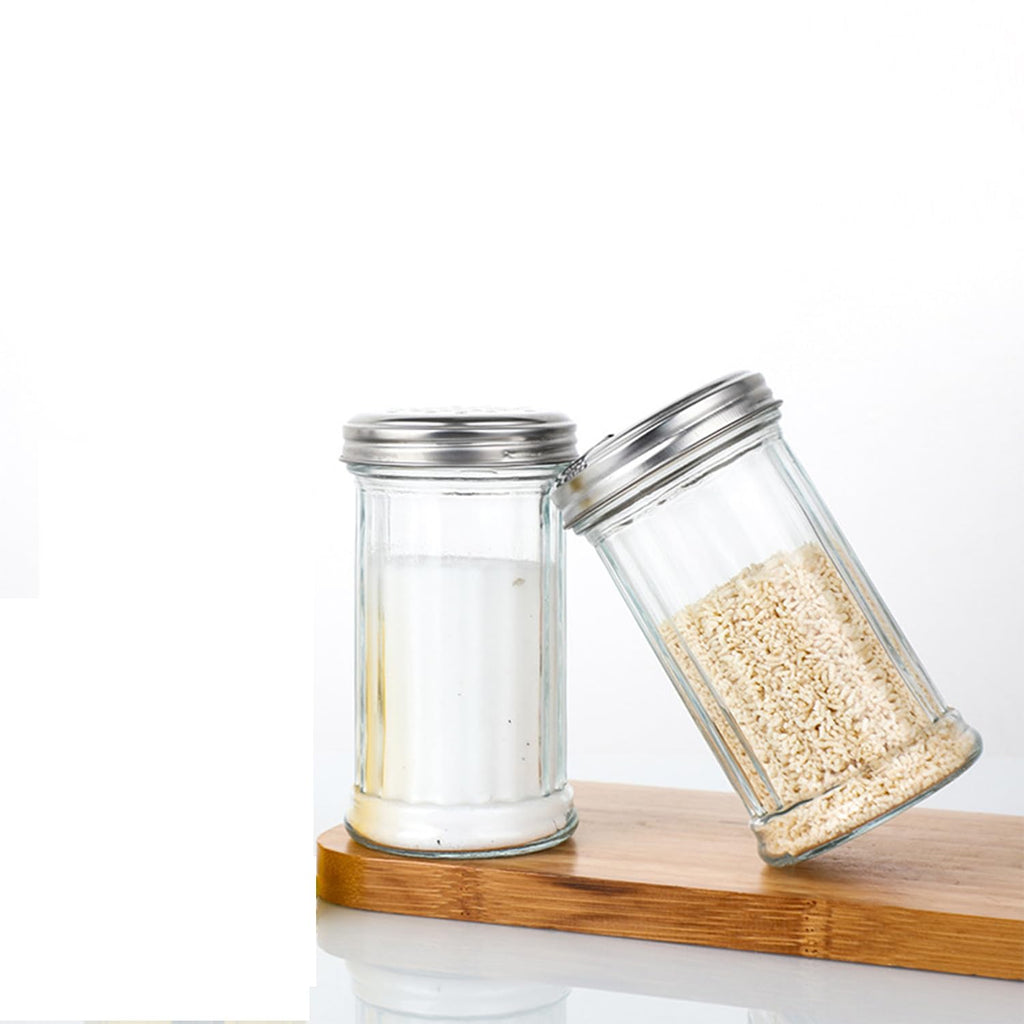 Suweiyuanshiyi 2 Pack 12OZ Glass Sugar Dispenser/Shaker/Pourer with Stainless Steel Pour-Flap Lid for Coffee Bar Vintage Glass Jar for Sugar Cinnamon SpicesRetro Style