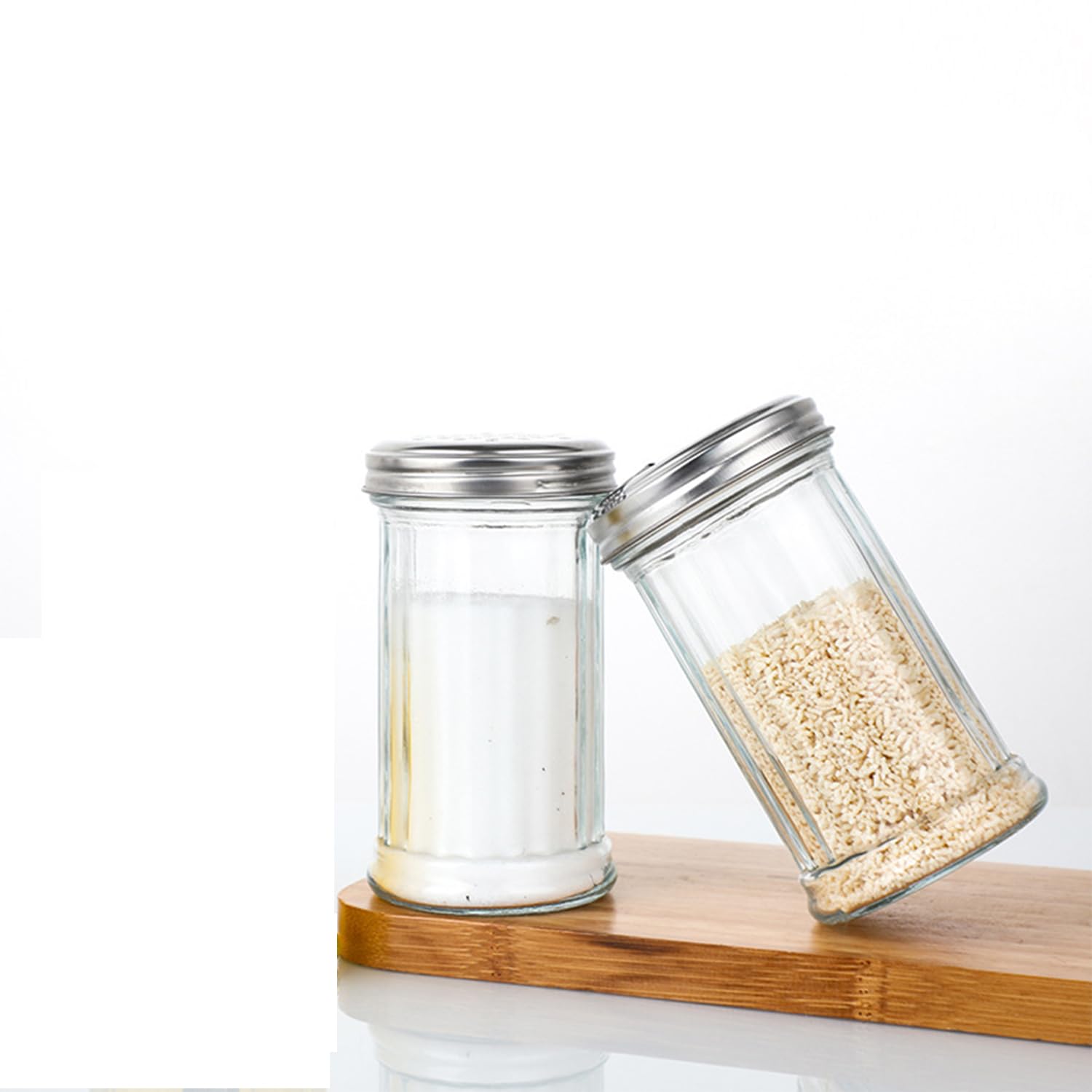 Suweiyuanshiyi 2 Pack 12OZ Glass Sugar Dispenser/Shaker/Pourer with Stainless Steel Pour-Flap Lid for Coffee Bar Vintage Glass Jar for Sugar Cinnamon SpicesRetro Style
