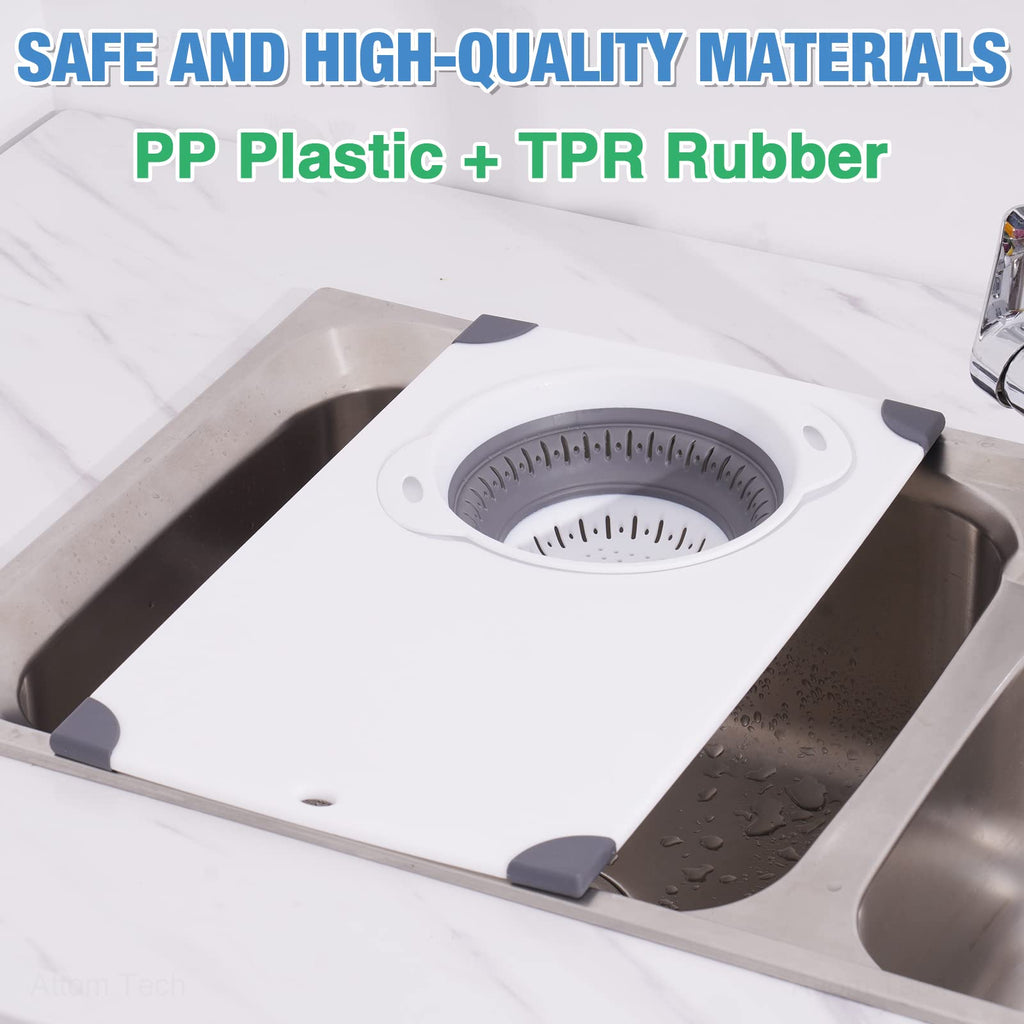 NiHome Over the Sink Cutting Board with Collapsible Colander, 2-In-1 Sink Drainer Board 11"x17.7" Anti-Slip Cutting Board and Detachable Draining Basket with Ergonomic Handle PP Plastic and TPR Rubber