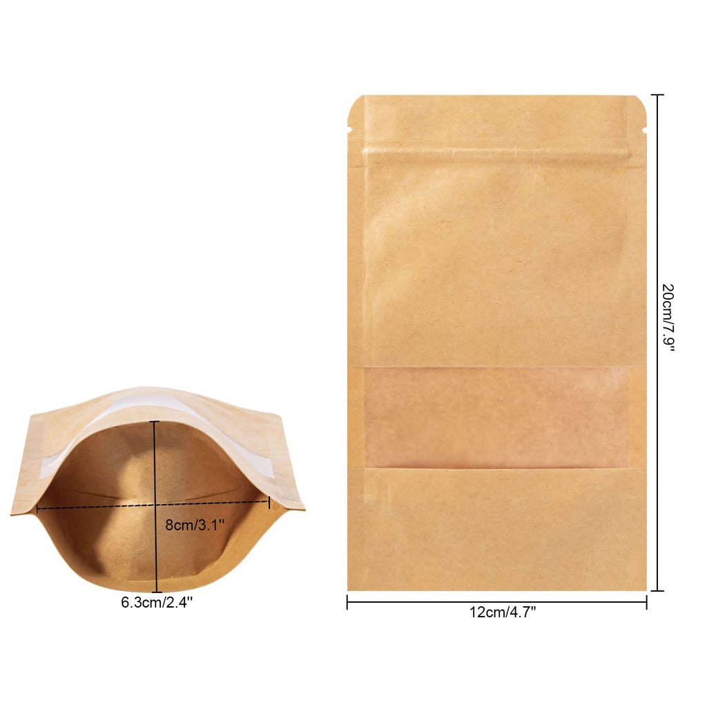 Kraft Zip Lock Stand Up Food Bags, Katfort 100pcs Kraft Bags Pouches with Window & Tear Notch, 7.8''×4.6'' Food Saver Food Storage Bags Paper Party Gift Favor Wrap for Candy, Coffee Beans Nuts