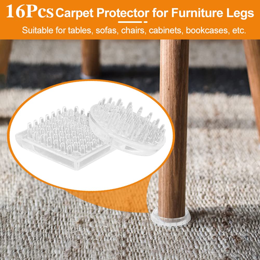 Carpet Protectors Spiked Caster Cups, 16Pcs Plastic Round & Square Comfortable Touch Furniture Leg Protectors for Sofas, Tables, Chairs, Bookcases or Other Furniture (Clear)