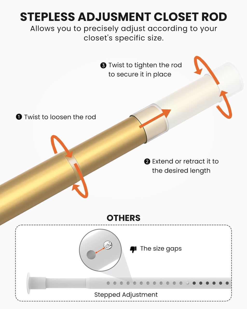 Closet Rods for Hanging Clothes, 17-54 inches Stepless Adjustable Metal Closet Rod, 1.3 Inches Heavy Duty Clothes Hanging Rod for Closet Wardrobes Laundry RV, Golden