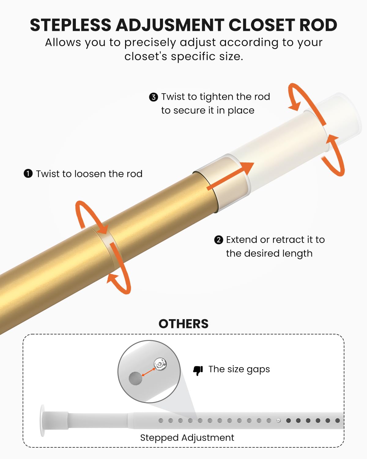 Closet Rods for Hanging Clothes, 17-54 inches Stepless Adjustable Metal Closet Rod, 1.3 Inches Heavy Duty Clothes Hanging Rod for Closet Wardrobes Laundry RV, Golden