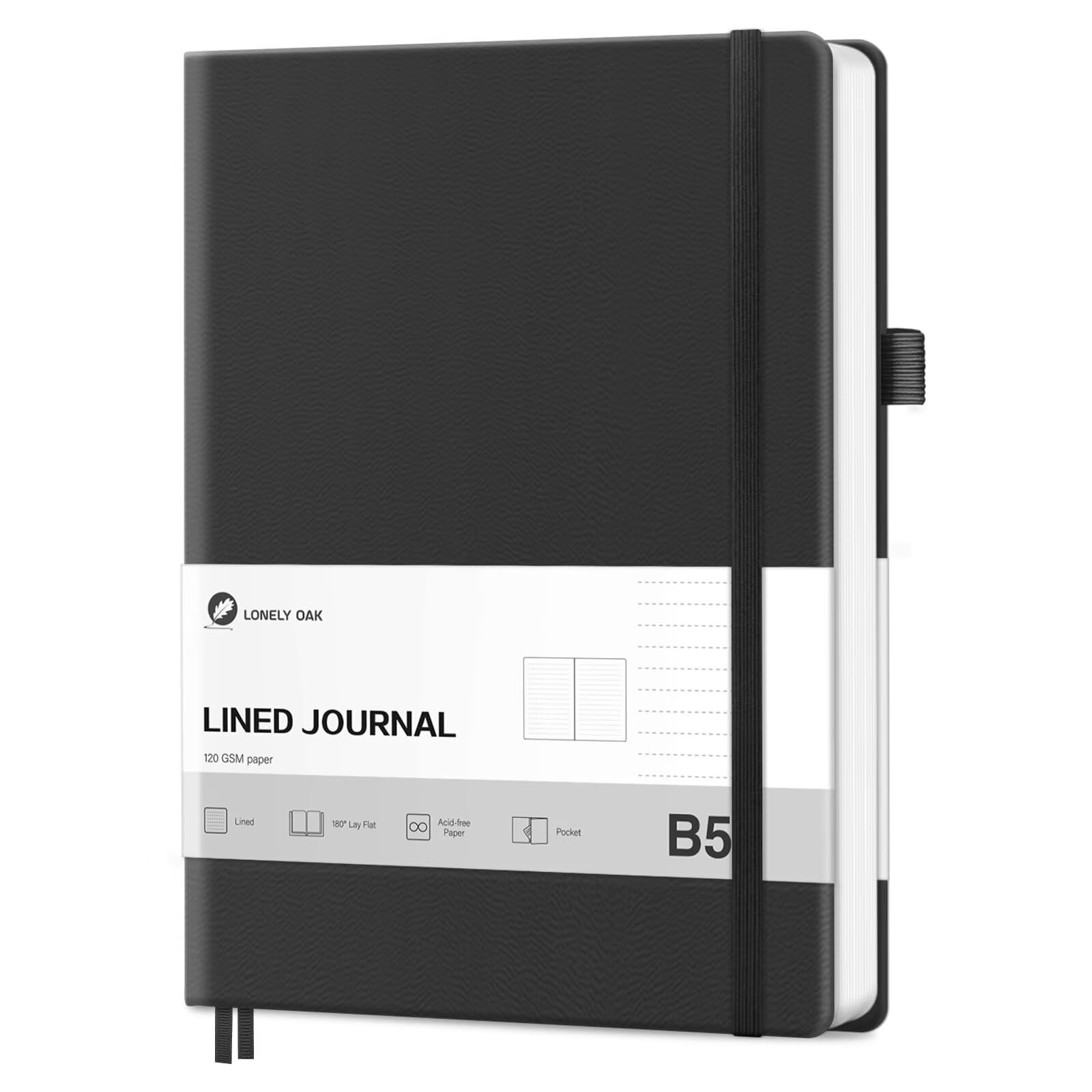 Lonely Oak Lined Journal Notebook, B5 Hardcover Lined Notebook for Women & Men, 120GSM Acid-Free Paper with Leather Hardcover and Inner Pocket, Daily Diary Journal for Work(Black)