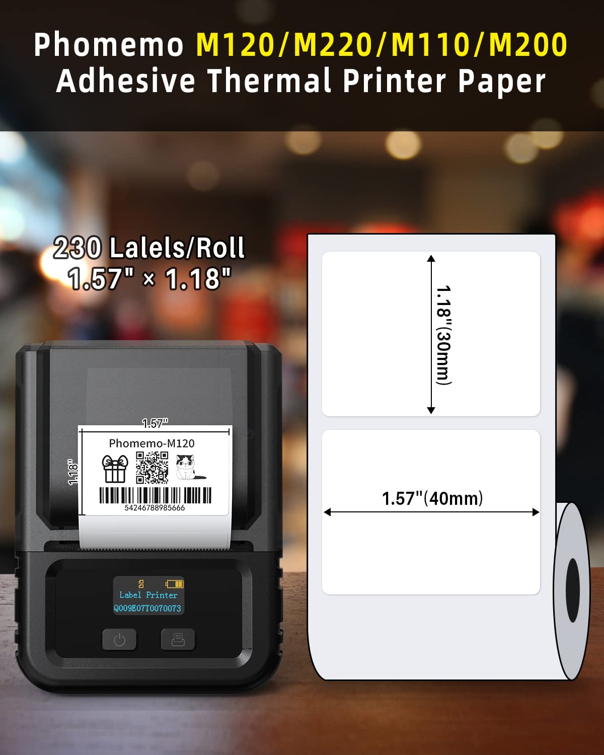 Phomemo Thermal Sticker Label Paper for M110 M220 M150 M250 Label Maker, Back to School Supplies, Strong Self-Adhesive Sticker, 1.57'' x 1.18'' (40mm x 30mm), 230Pcs/Roll, 3 Rolls