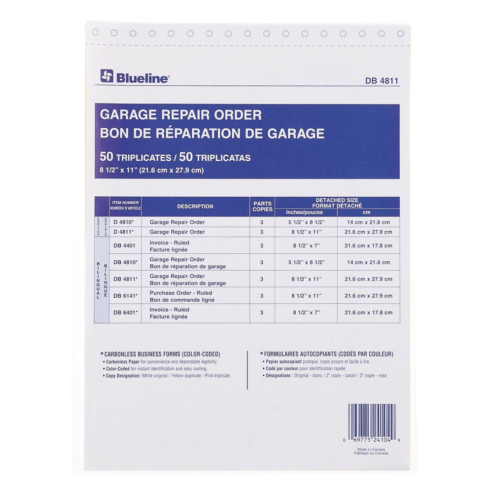 Blueline Garage Repair Orders in Snap Sets 50 Carbonless Numbered Triplicates Bilingual 8-1/2-Inchx11-Inch (DB4811)