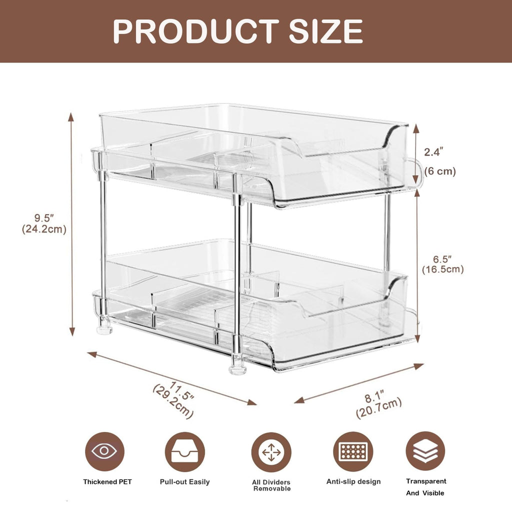 2 Tier Bathroom Storage Organizer, Medicine Cabinet Drawers Bins,Clear Under Sink Organizer Vanity Countertop Storage Pantry Organizers for beverages, medicine,Vanity Makeup, perfume, and more