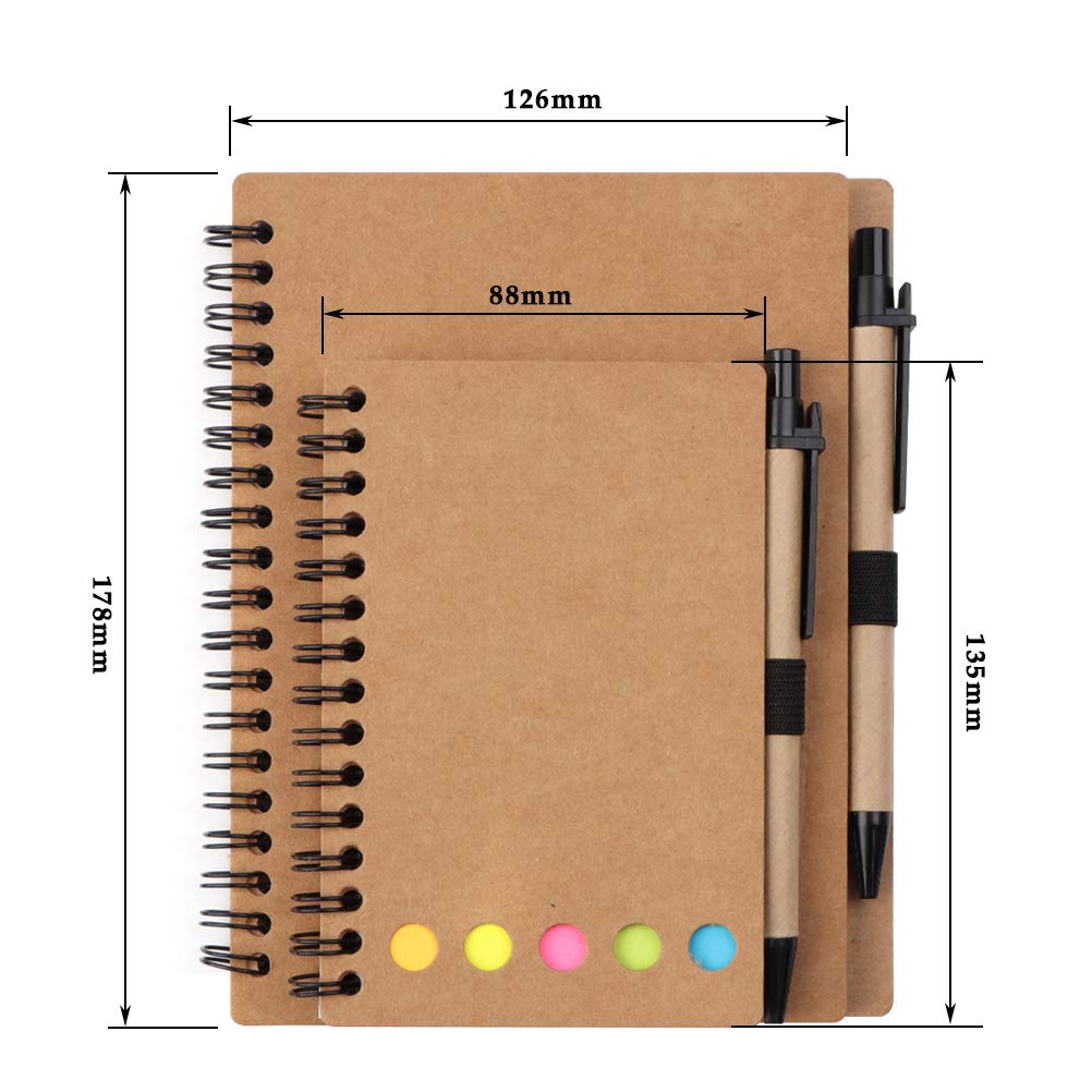 6PCS Lined Spiral Notebook Kraft Paper Cover Notepad with Pen in Holder, Memo Notebook with Sticky Notes Colored Index Tabs Notebook Pen Tab for Adult, Kids, Home, Office, School