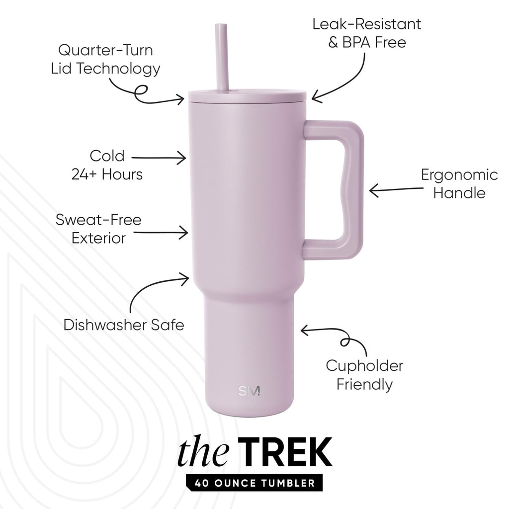 Simple Modern 40 oz Trek Tumbler with Handle and Straw | Insulated Stainless Steel Water Bottle Iced Coffee Cup Travel Mug | 40 oz | Lavender Mist