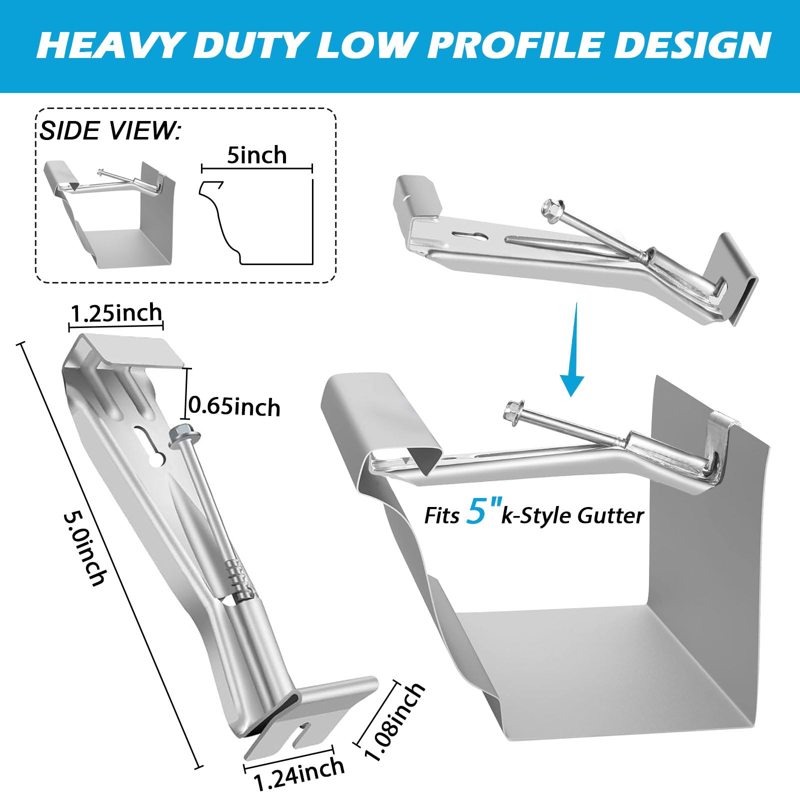 25 Pack Gutter Hangers, 5 Inch Gutter Guard with Speed Screw and Clip, Hidden Rain Gutter Bracket Support, Includes a Drill Bit